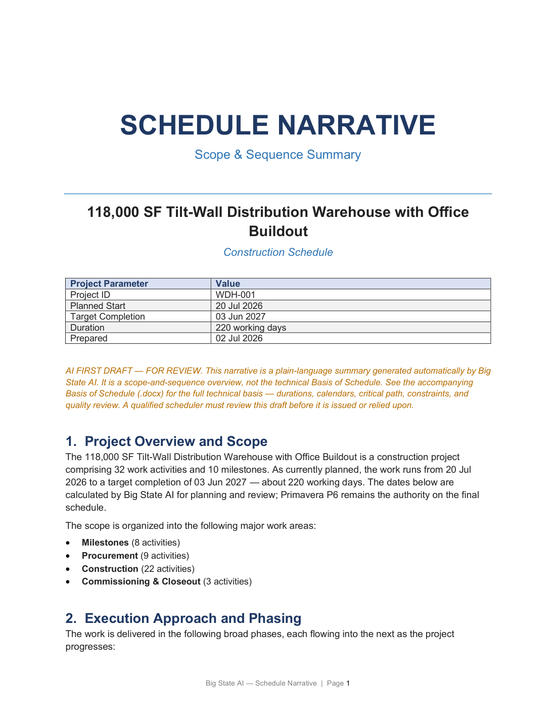 First page of the Schedule Narrative document
